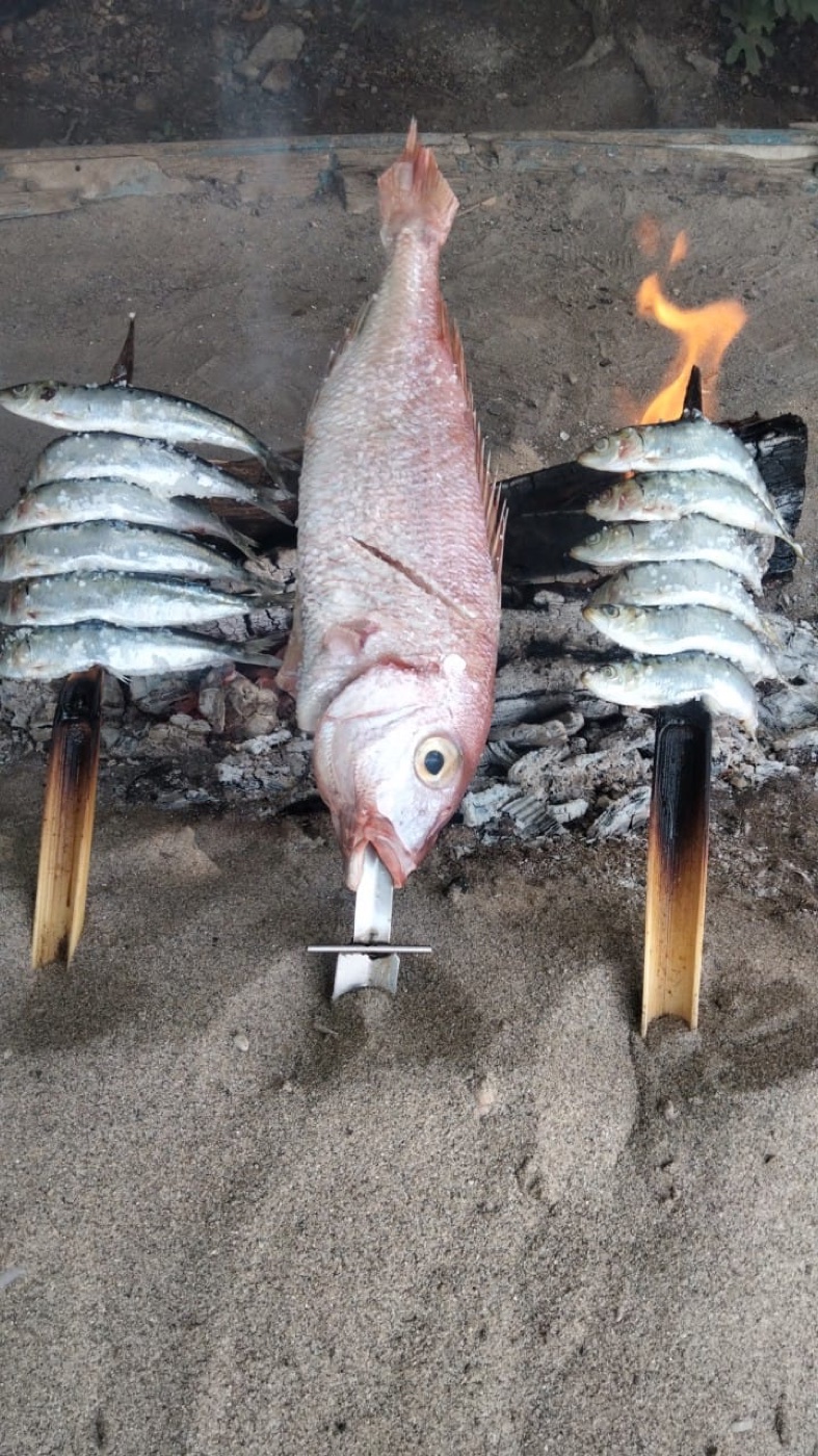 Whole fish grilling over an open fire on the beach